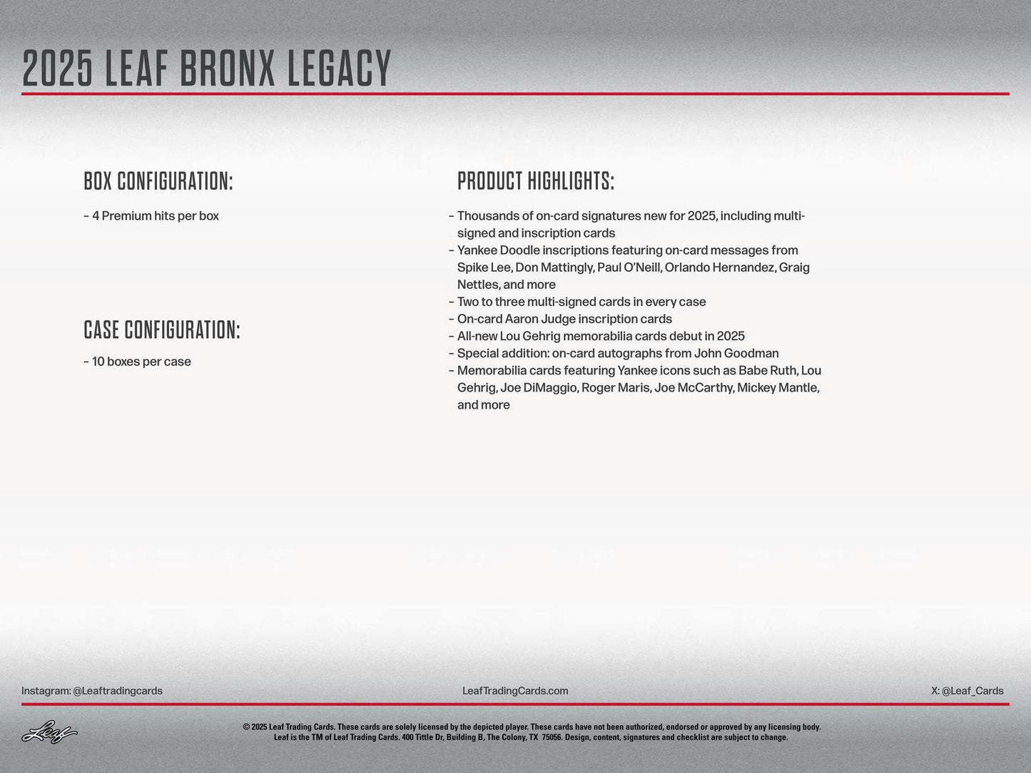 2025 Leaf Bronx Legacy Baseball Hobby Box | Columbia Sports Cards