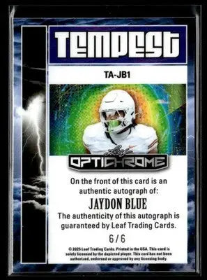 2025 Leaf Optichrome #TA-JB1 Jaydon Blue Tempest Autographs Green #6/6 Bookend! - Football Card Single