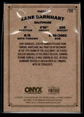2025 Onyx Vintage #VAZABA Zane Barnhart Autographs Geen Ink #/50 - Baseball Card Single