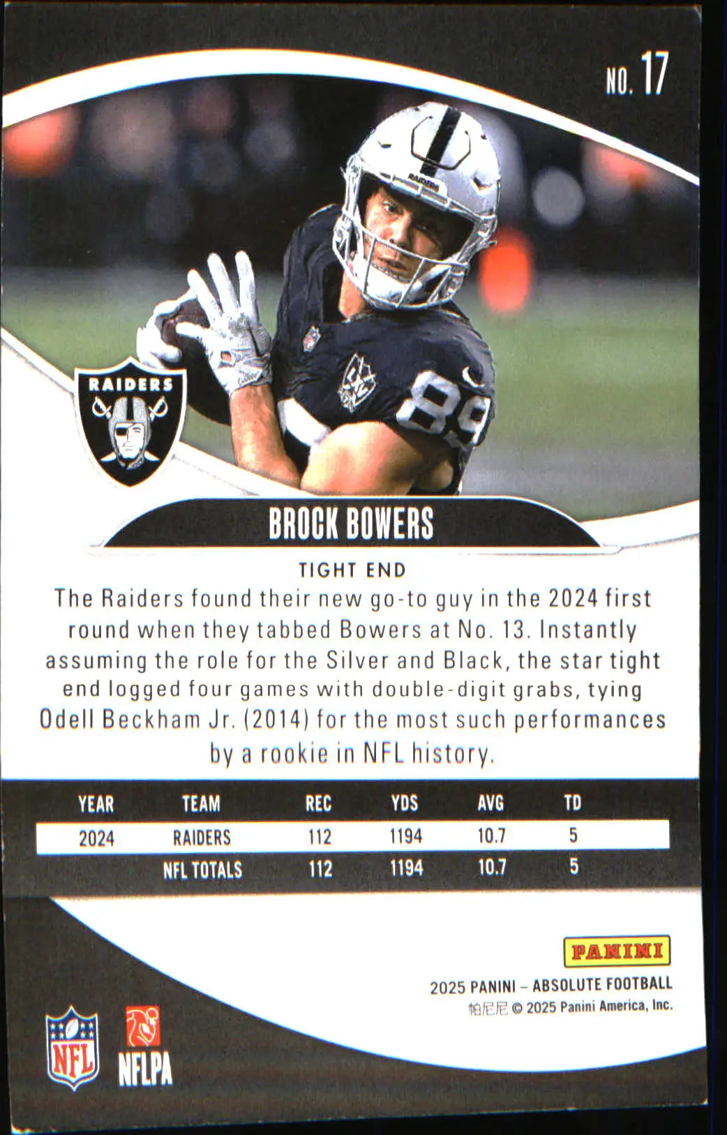 2025 Panini Absolute #17 Brock Bowers - Football Card Single