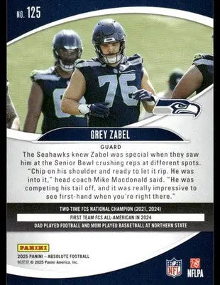 2025 Panini Absolute Football Grey Zabel #125 RC Football - Football Card Single