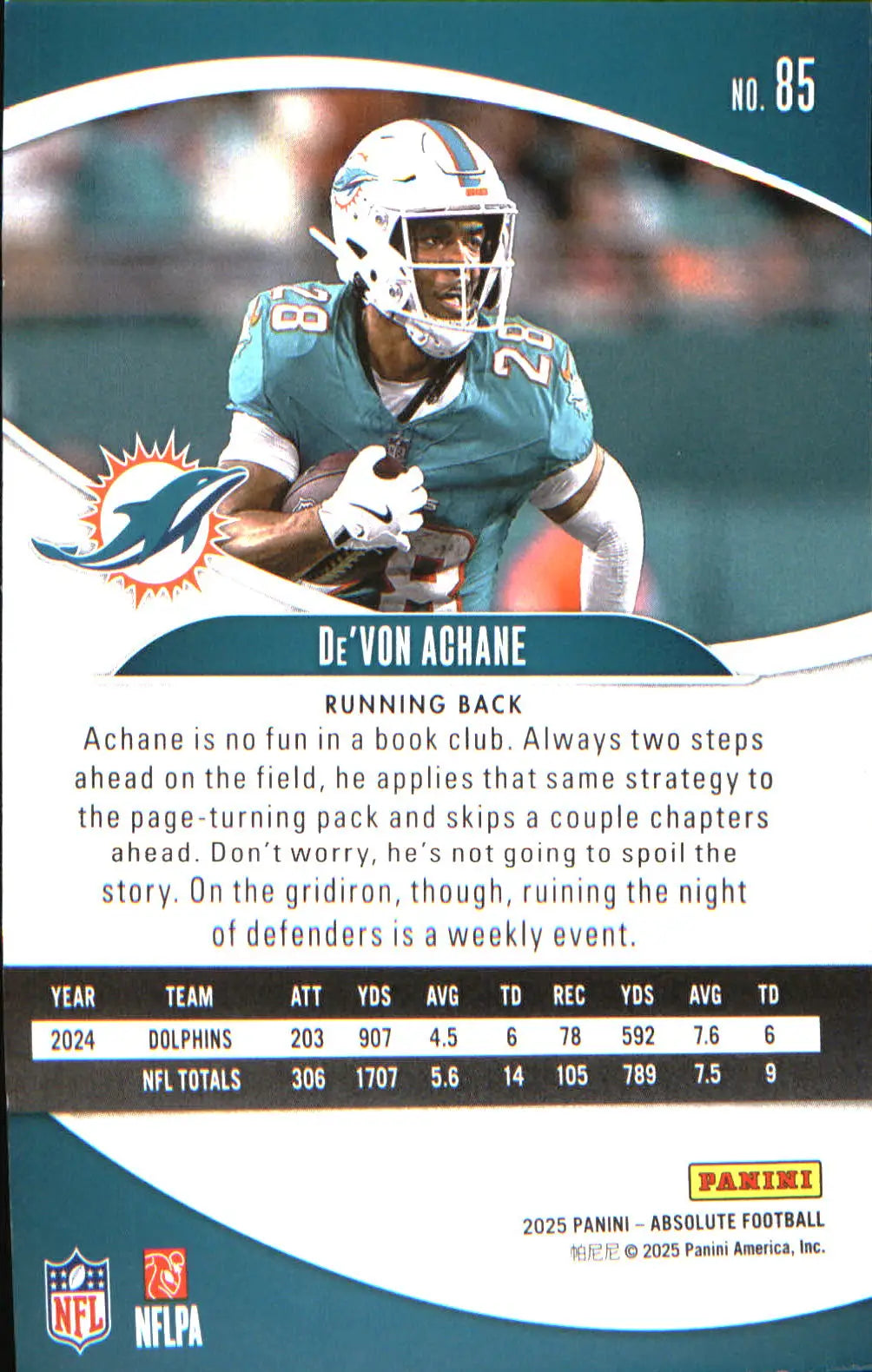 2025 Panini Absolute Retail #85 De’Von Achane - Football Card Single