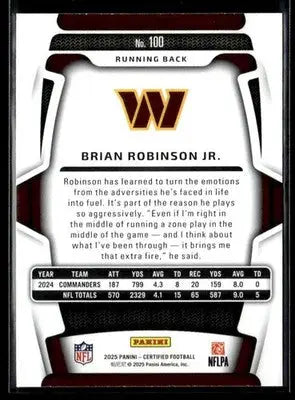 2025 Panini Certified Brian Robinson Jr. #100 Washington Commanders - Football Card Single