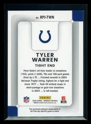 2025 Panini Donruss Football Rookie Phenom Tyler Warren #RPJ-TWN Jersey Patch - Football Card Single