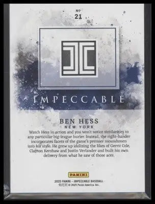 2025 Panini Impeccable Ben Hess #21 SN #/99 New York Yankees - Baseball Card Single