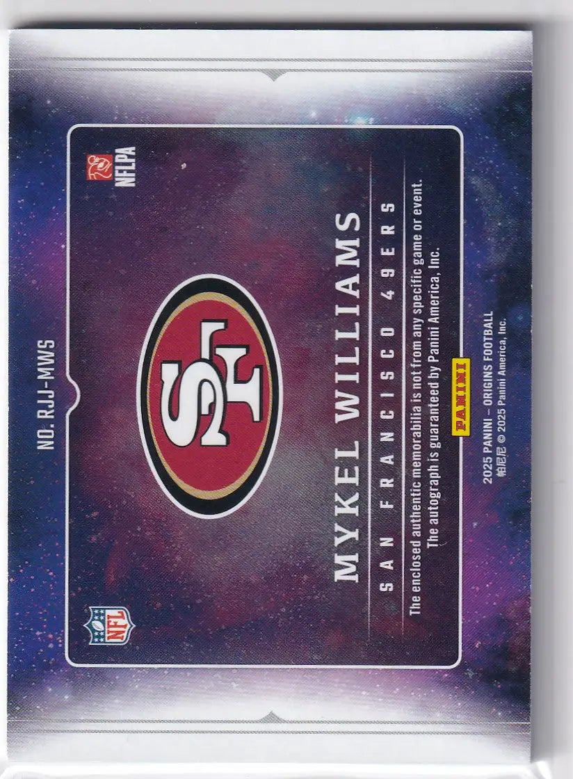 2025 Panini Origins RPA Patch Auto 17/25 #RJJ-MWS Mykel Williams - 49ers - Football Card Single