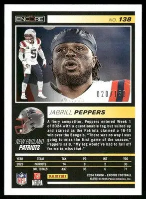 2025 Panini Pinnacle Encore Jabrill Peppers #138 020/150 Football - Football Card Single