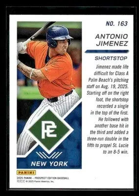 2025 Panini Prospect Edition Antonio Jimenez #163 New York Mets - Baseball Card Single