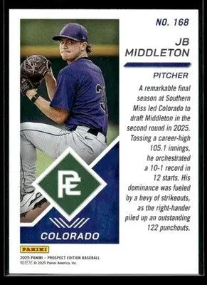 2025 Panini Prospect Edition JB Middleton #168 Colorado Rockies - Baseball Card Single