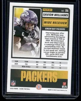 2025 Panini Score Football Savion Williams #54 RC Football - Football Card Single
