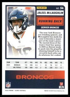 2025 Panini Score Jaleel McLaughlin #54 Football - Football Card Single