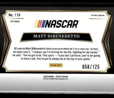 2025 Panini Select #119 Matt DiBenedetto Maroon Prizms #/125 - Racing Card Single
