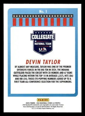 2025 Panini Stars and Stripes USA Baseball #1 Devin Taylor Opening Day - Baseball Card Single