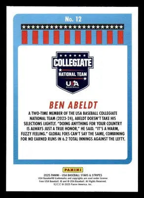 2025 Panini Stars and Stripes USA Baseball #12 Ben Abeldt Opening Day - Baseball Card Single