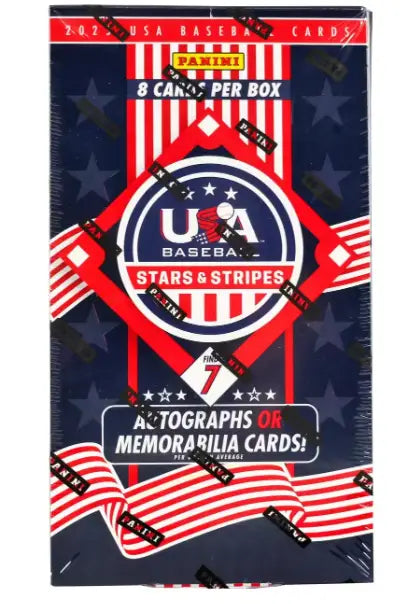 Sealed box of 2023 Panini USA Baseball Stars & Stripes trading cards showcasing national team features