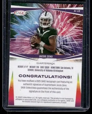 2025 SAGE Autographs Jacob Zeno #A-JZ Football - Football Card Single