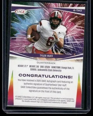 2025 SAGE Autographs Tyler Huff #A-TH3 Football - Football Card Single
