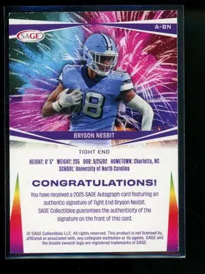 2025 SAGE Bryson Nesbit #A-BN Autograph 100/100 Football - Football Card Single