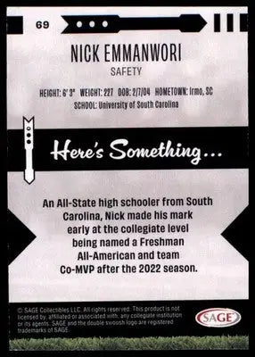 2025 SAGE HIT - Red Nick Emmanwori 69 South Carolina Gamecocks - Football Card Single