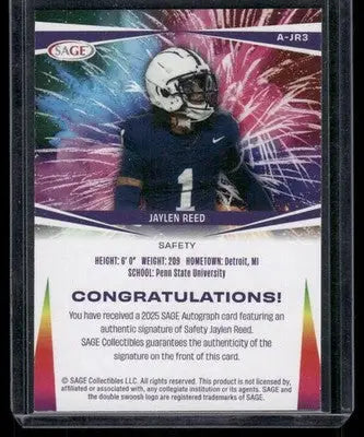 2025 SAGE Jaylen Reed #A-JR3 Autograph Football - Football Card Single