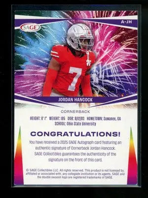 2025 SAGE Jordan Hancock #A-JH 15/100 Autograph Football - Football Card Single