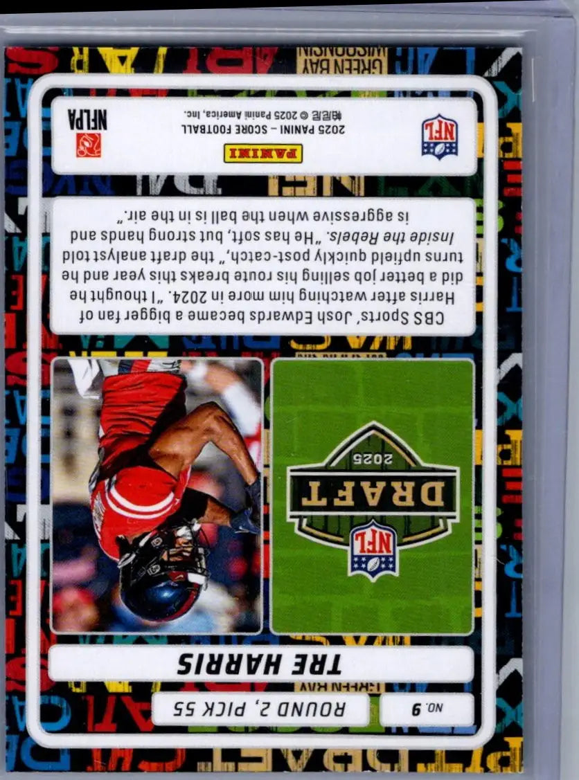 Tre Harris NFL football card from 2025 Score #9 showcasing Tre Harris NFL Draft highlight
