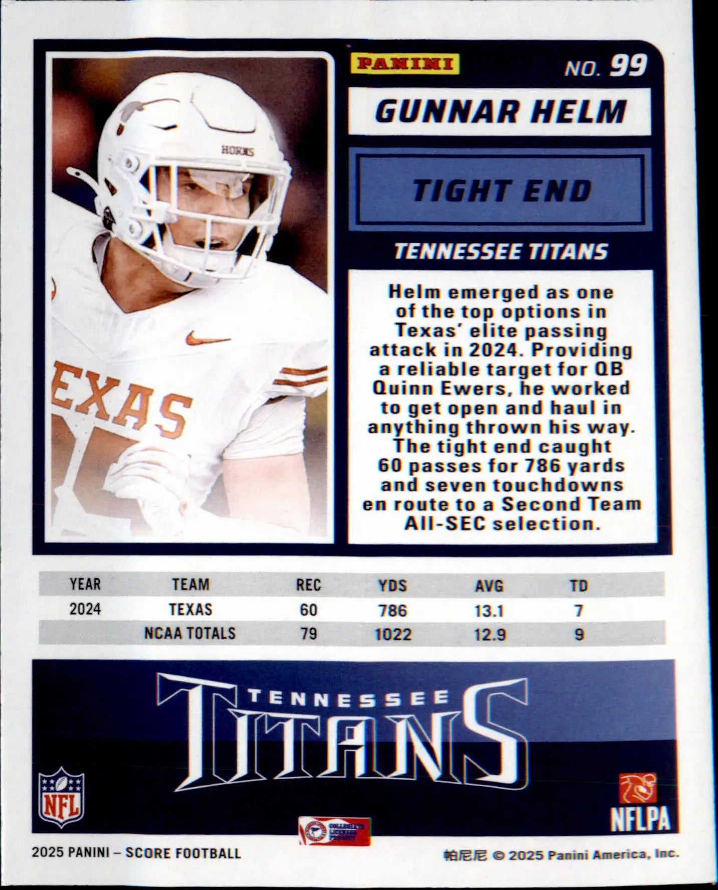 2025 Score #99 Gunnar Helm Rookie Rookie - Football Card Single