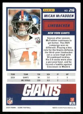 2025 Score a Treat Micah McFadden #216 Football - Football Card Single