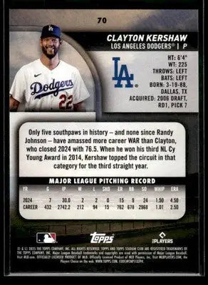 2025 Stadium Club Clayton Kershaw #70 Los Angeles Dodgers - Baseball Card Single
