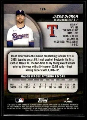 2025 Stadium Club Jacob DeGrom #194 Texas Rangers - Baseball Card Single