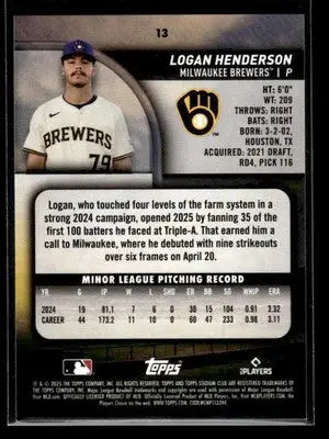 2025 Stadium Club Logan Henderson #13 Red Foil RC Milwaukee Brewers - Baseball Card Single