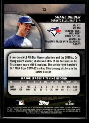 2025 Stadium Club Shane Bieber #12 Toronto Blue Jays - Baseball Card Single
