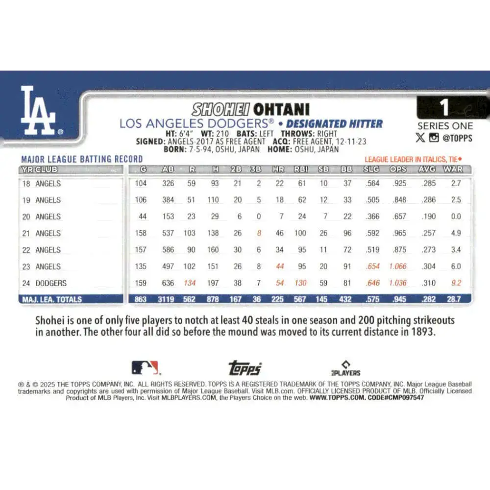 2025 Topps #1 Shohei Ohtani NM-MT Los Angeles Dodgers Baseball Card - Baseball Card Single