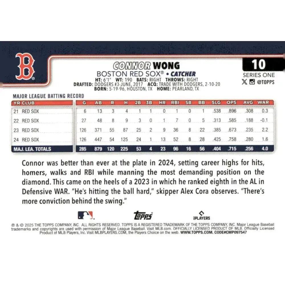 2025 Topps #10 Connor Wong NM-MT Boston Red Sox Baseball Card - Baseball Card Single