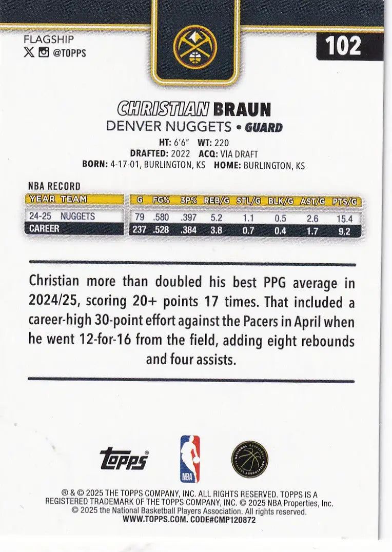 2025 TOPPS #102 CHRISTIAN BRAUN DIAMONTE- DENVER NUGGETS - Basketball Card Single