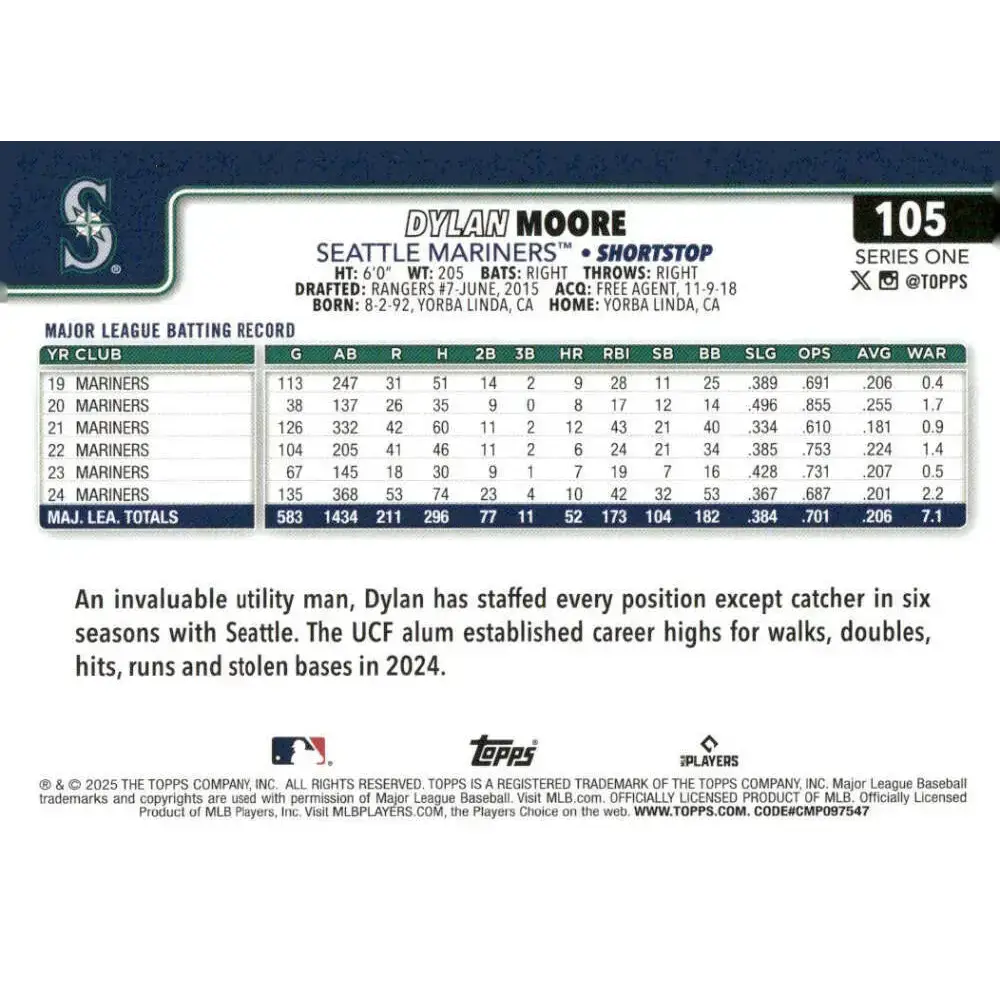 2025 Topps #105 Dylan Moore NM-MT Seattle Mariners Baseball Card - Baseball Card Single