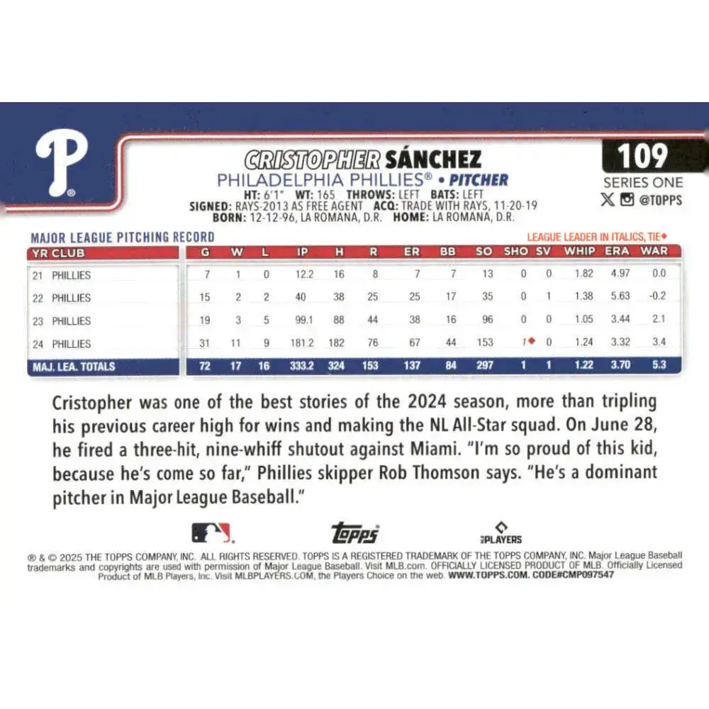 2025 Topps #109 Cristopher Sanchez NM-MT Philadelphia Phillies Baseball Card - Baseball Card Single