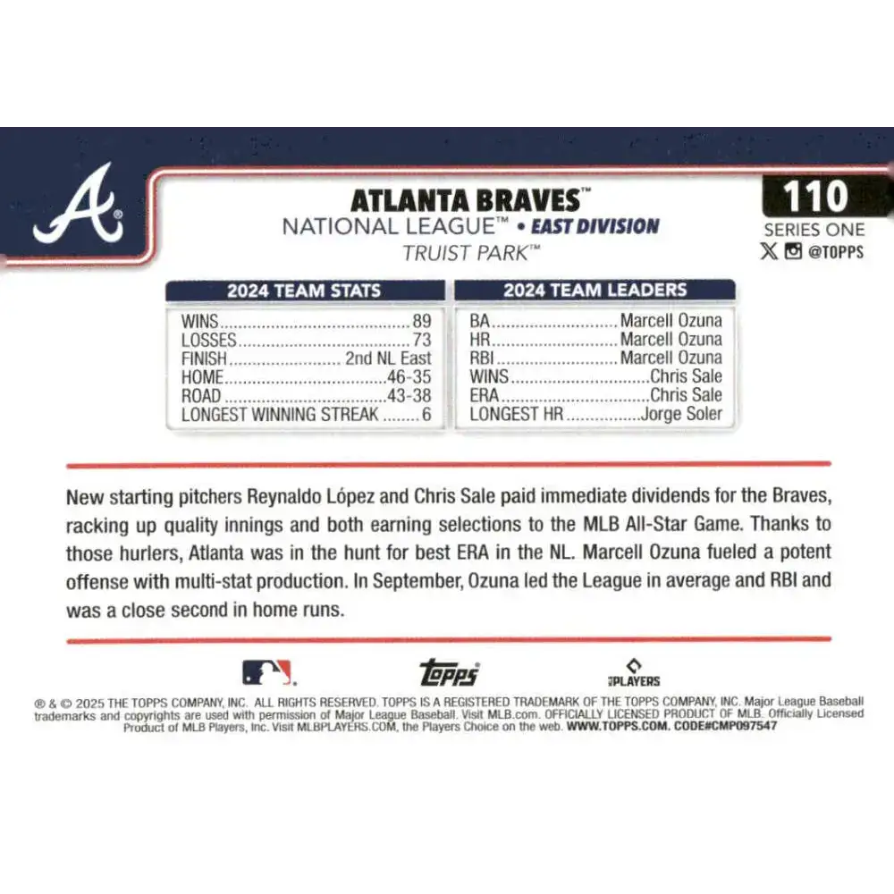 2025 Topps #110 Atlanta Braves NM-MT Atlanta Braves Baseball Card - Baseball Card Single