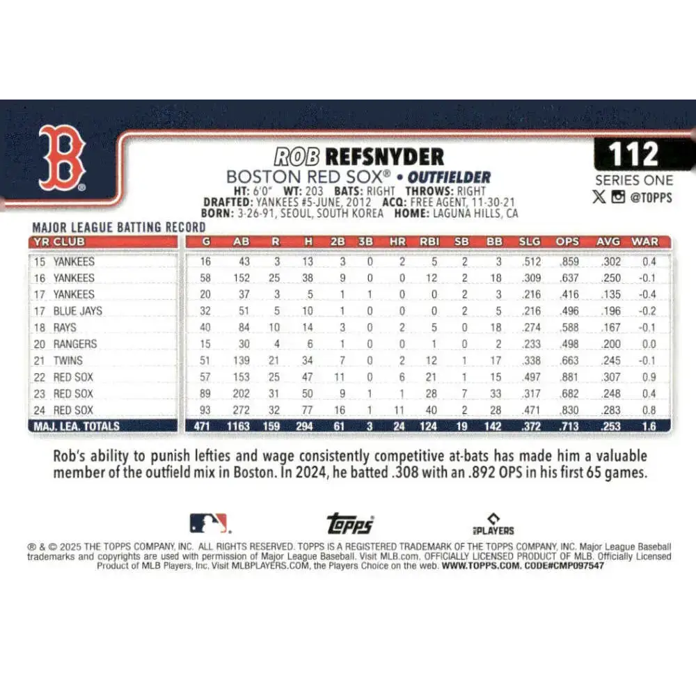 2025 Topps #112 Rob Refsnyder NM-MT Boston Red Sox Baseball Card - Baseball Card Single