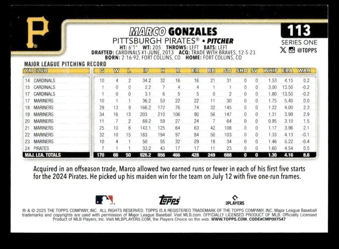 2025 Topps #113 Marco Gonzales - Baseball Card Single