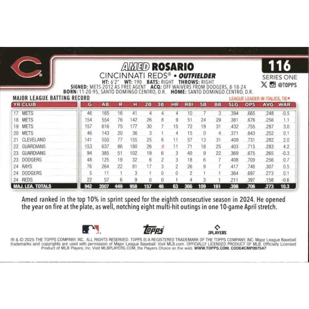 2025 Topps #116 Amed Rosario NM-MT Cincinnati Reds Baseball Card - Baseball Card Single