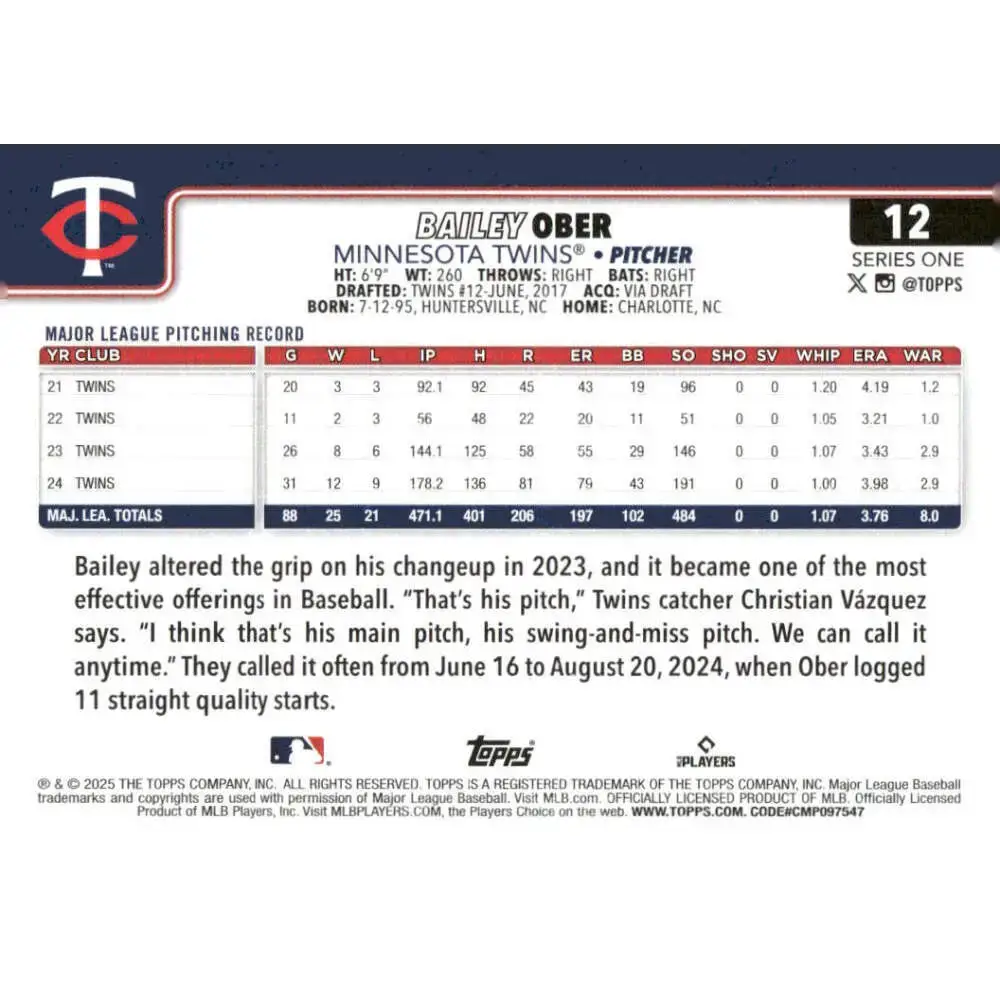 2025 Topps #12 Bailey Ober NM-MT Minnesota Twins Baseball Card - Baseball Card Single