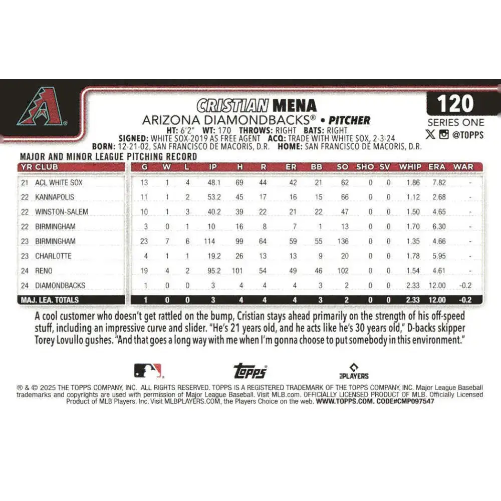 2025 Topps #120 Cristian Mena NM-MT RC Rookie Arizona Diamondbacks Baseball Card - Baseball Card Single
