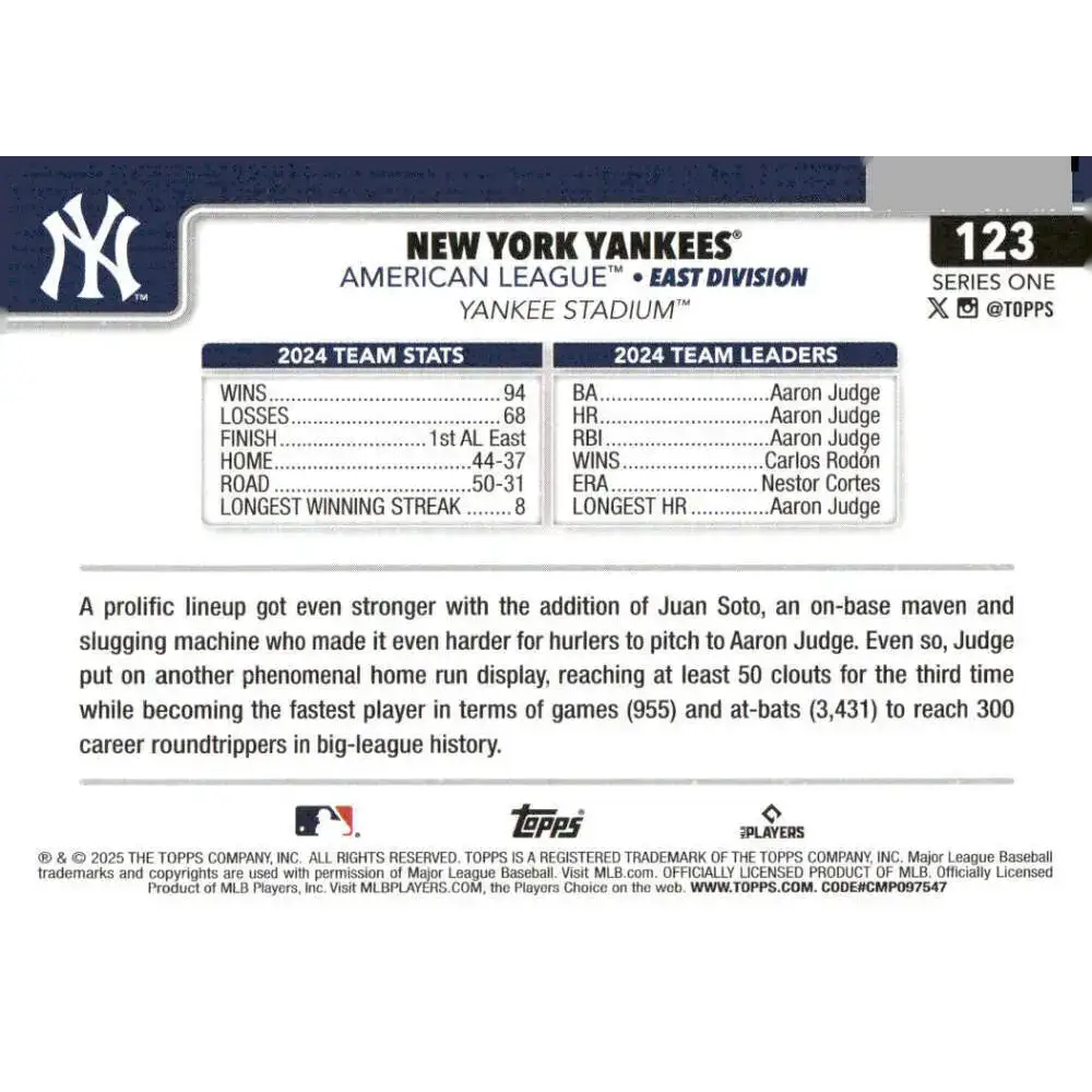2025 Topps #123 New York Yankees NM-MT New York Yankees Baseball Card - Baseball Card Single