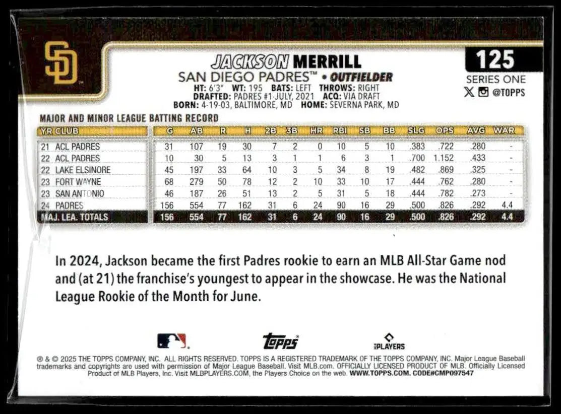 2025 Topps #125 Jackson Merrill - Baseball Card Single