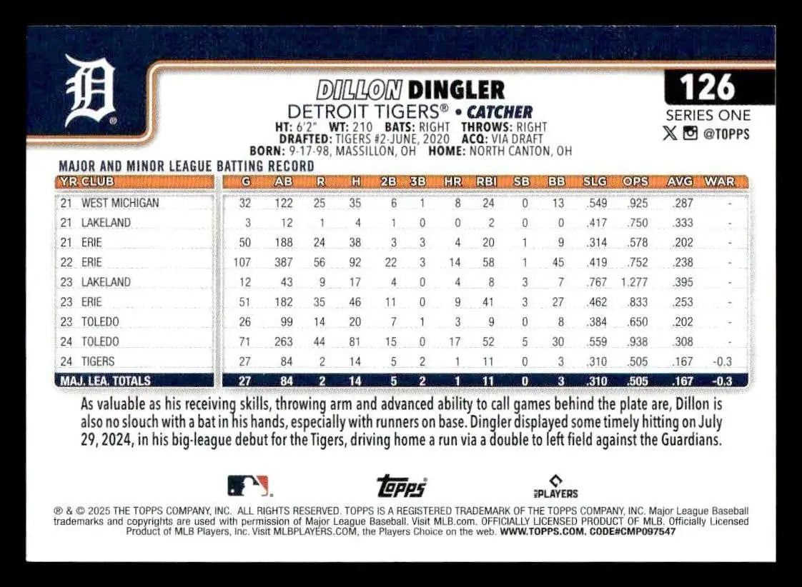 2025 Topps #126 Dillon Dingler - Baseball Card Single