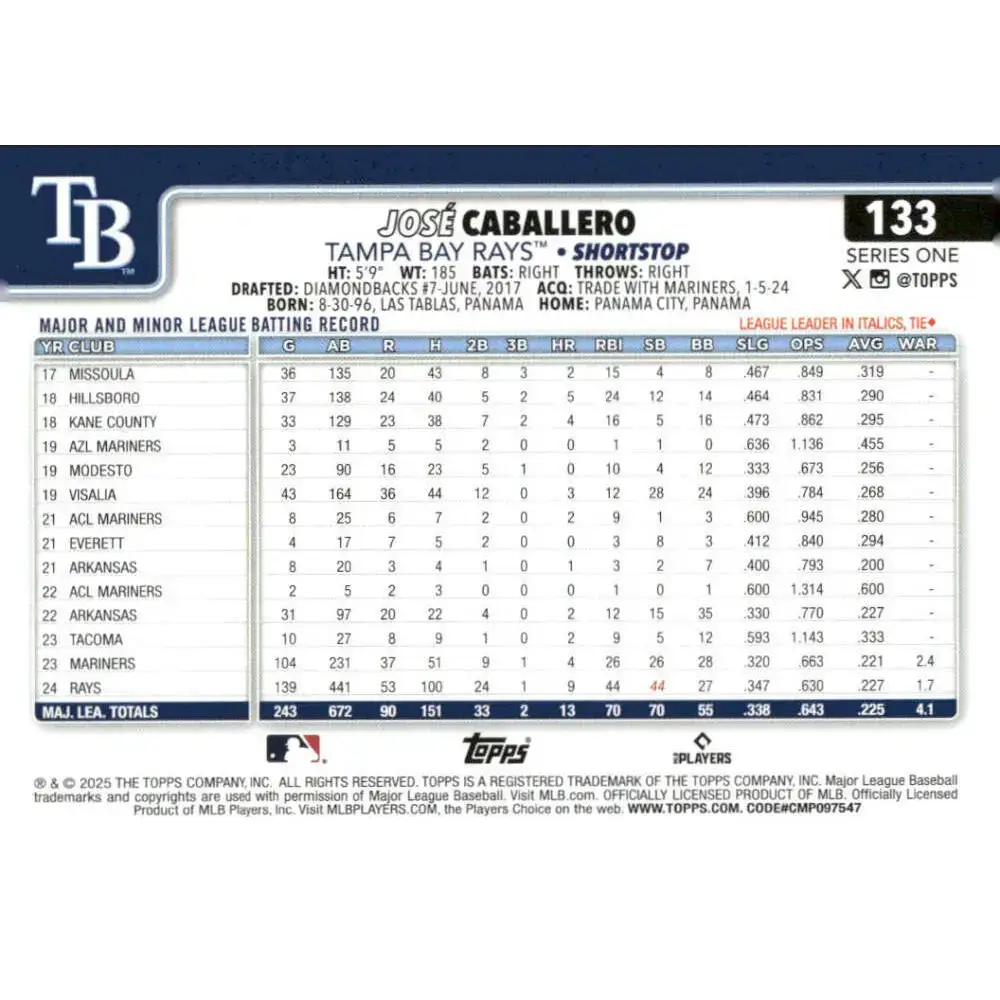 2025 Topps #133 Jose Caballero NM-MT Tampa Bay Rays Baseball Card - Baseball Card Single