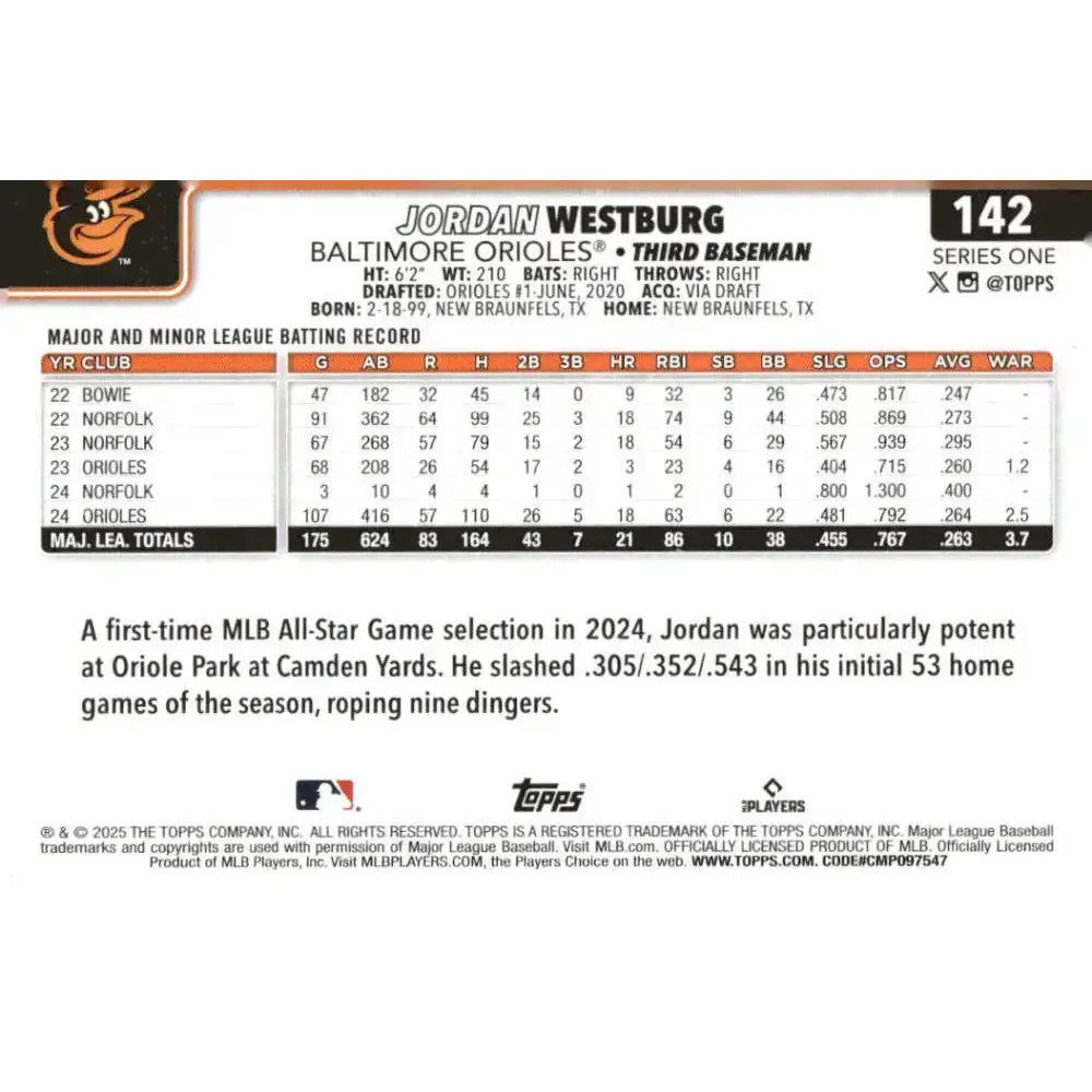 2025 Topps #142 Jordan Westburg NM-MT Baltimore Orioles Baseball Card - Baseball Card Single