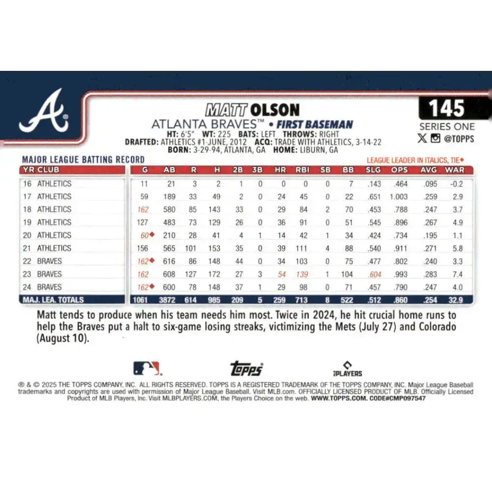 2025 Topps #145 Matt Olson NM-MT Atlanta Braves Baseball Card - Baseball Card Single