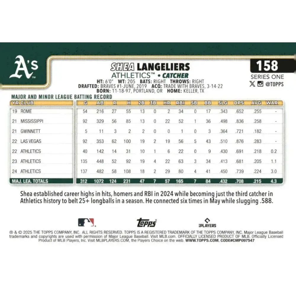 2025 Topps #158 Shea Langeliers NM-MT Oakland Athletics Baseball Card - Baseball Card Single